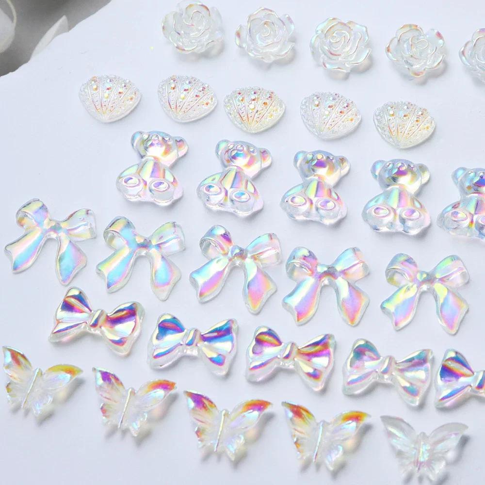 30pcs Aurora Mixed Resin Nail Charms 3D Ribbon Flower Bear Butterfly Nail Rhinestone Decoration Parts DIY Manicure Supplies