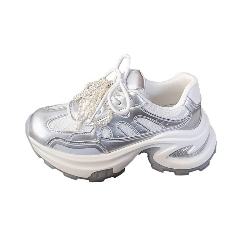 Натуральная мягкая кожа весна и лето новые дышащие серебристая платформа легкая спортивная обувь повседневная универсальная обувь для женщин с увеличением роста