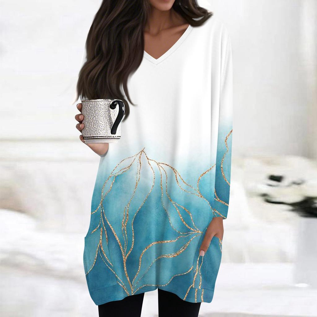 Womens Tops V-neck Long Sleeve Blouses Casual Mid-length Shirts Fashion Print Tunic Tops With Pockets