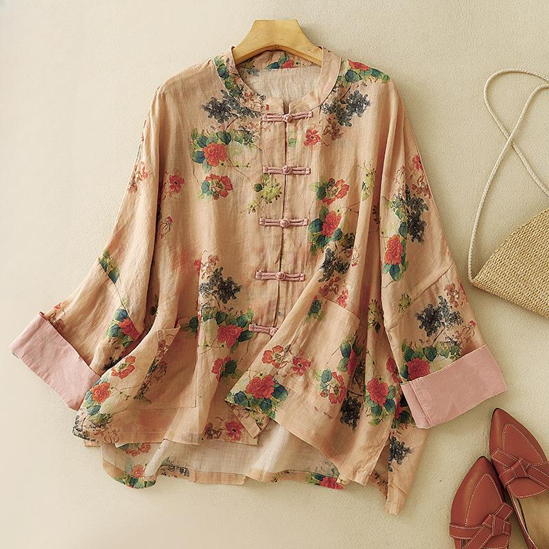 Летняя рубашка с длинными рукавами из хлопка и льна в китайском стиле в стиле ретро, с накладными пуговицами и воротником-стойкой в литературном стиле для женщин