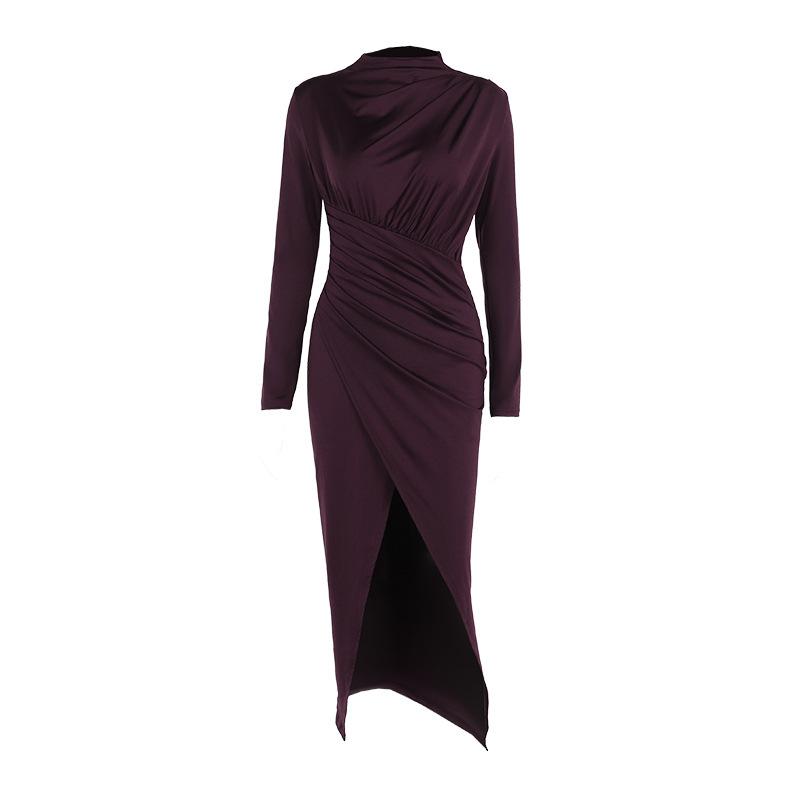 Autumn Fashion Ethos Medium High Neck Pleated Slit Slim Long-sleeved Dress Woman