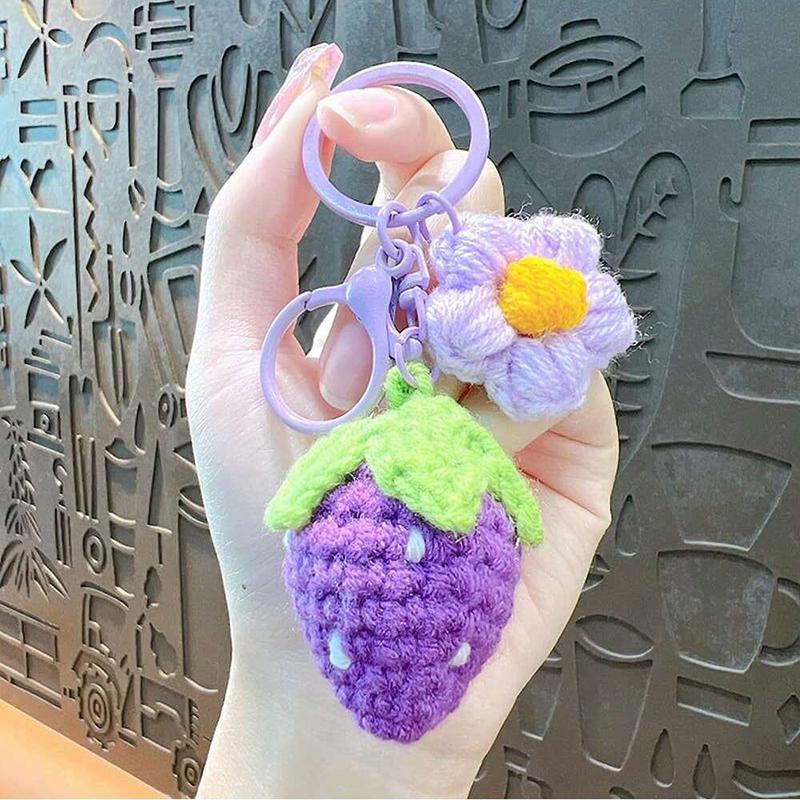 Cute Hand Woven Woolen Strawberry Flower Car Key Jewelry Pendant Women's Bag Decoration for Girls Gift Bag Charm