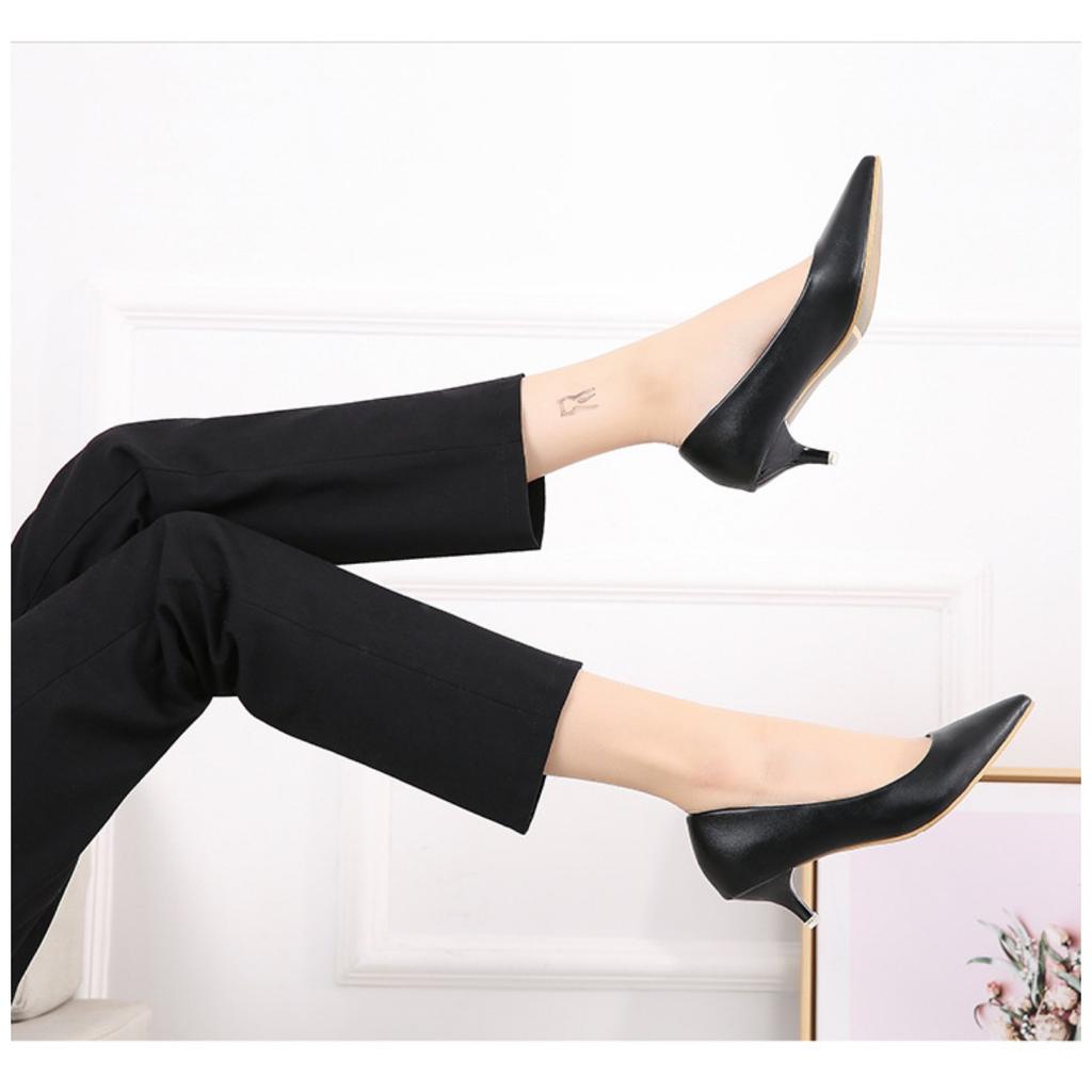 Женские элегантные черные туфли на среднем каблуке, остроносые шпильки, верх из искусственной кожи, резиновая подошва, легкие - размер 35-43