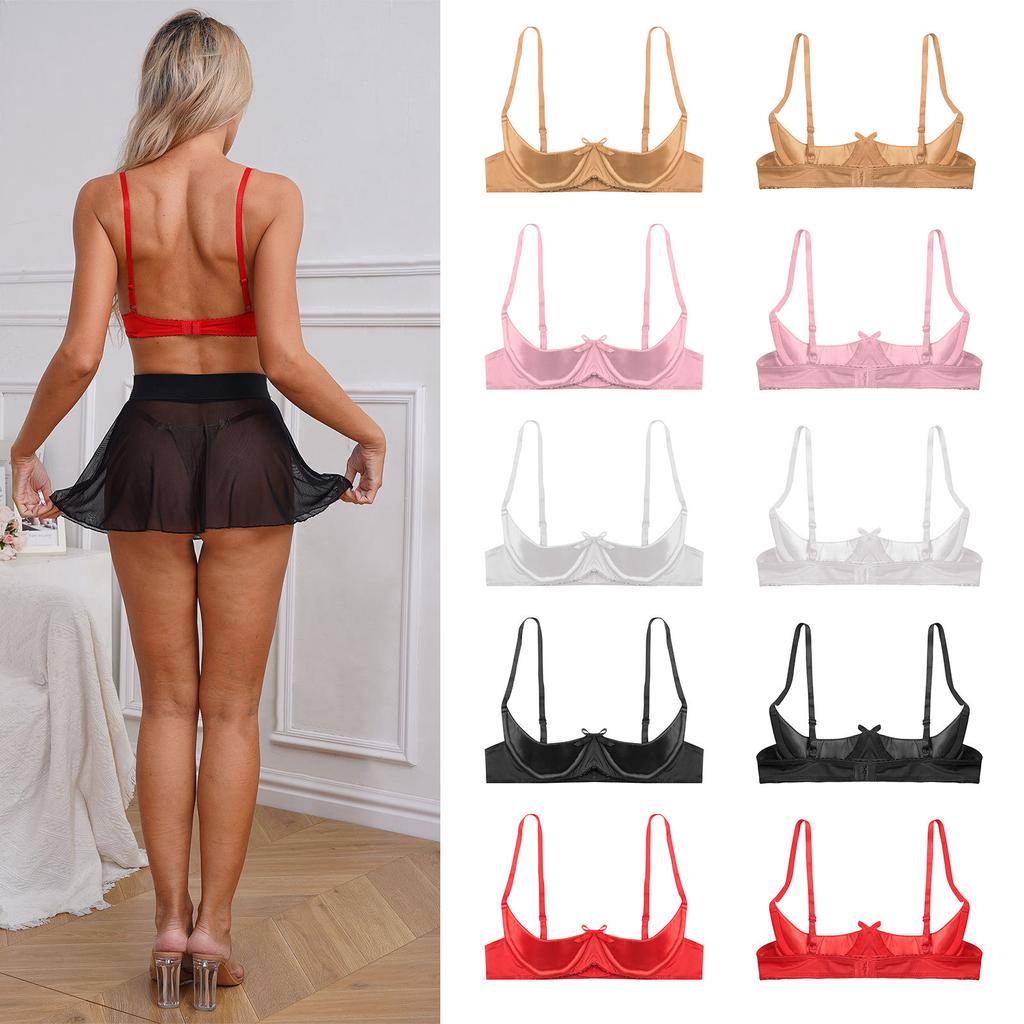 Women Sexy See Through Satin Half Cup Bralette Padded Underwire Shelf Bra Tops
