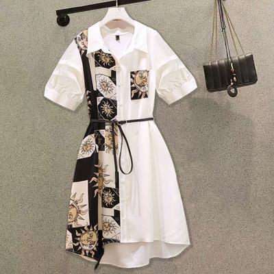 Винтажный принт А-силуэта с поясом Свободное платье с воротником поло Элегантные однобортные платья длиной до колена для женщин