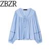 Zbzr Autumn New Women Clothes Western Style Fashion V-neck Long Sleeve Vertical Lace Drape Shirts 8649842
