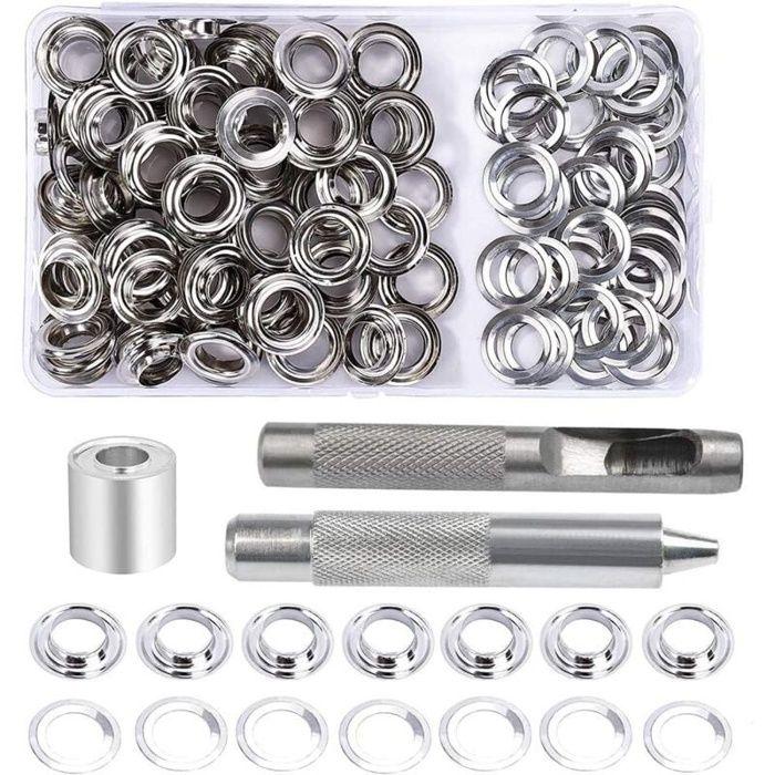 Kit œillets - AIMOONSA - 100 ensembles - 10 mm intérieur - Outils de pose & boîte - Laiton argent