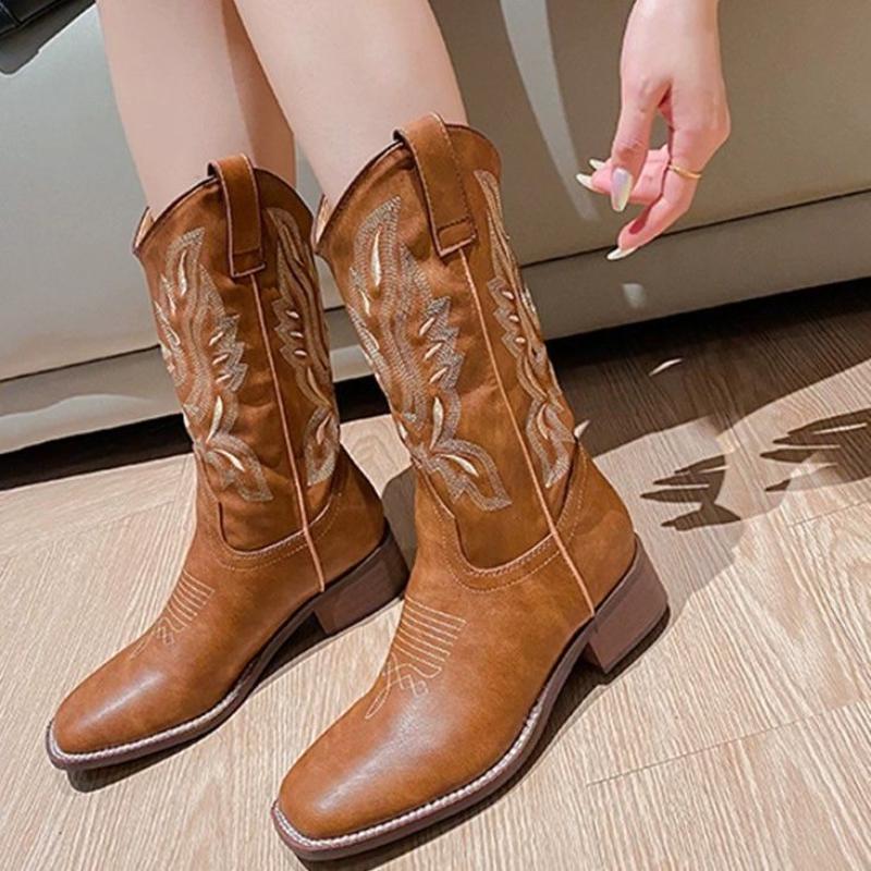 Western Cowboy Boots Embroidery Sleeve New Internet Celebrity Thick Heel Women Boots