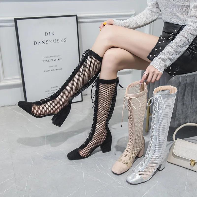 Knee High Boots for Women Summer New Chunky Heel Breathable Shoes Ladies 2024 High Hollow Roman Mesh Boots Chelsea Boots2024