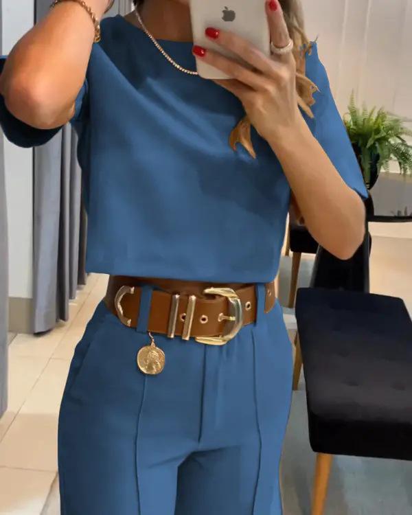 Европейский и американский женский однотонный комплект кэжуал: футболка с круглым вырезом и короткими рукавами и брюки широкого кроя