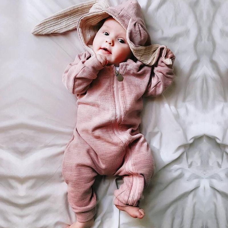 Baby 3d Rabbit Ear Long Romper Cute Long Sleeve Hoodie Jumpsuits Toddler Winter Warm Outwear