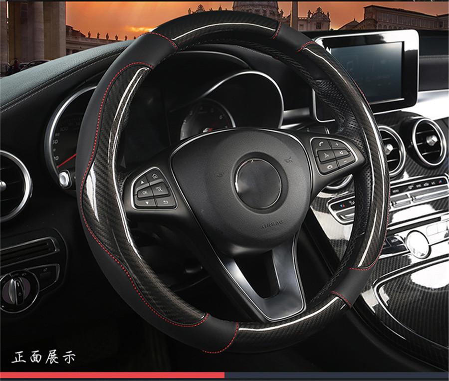 38cm Black Carbon Fiber Leather Style Stitching Car Steering Wheel Cover Durable