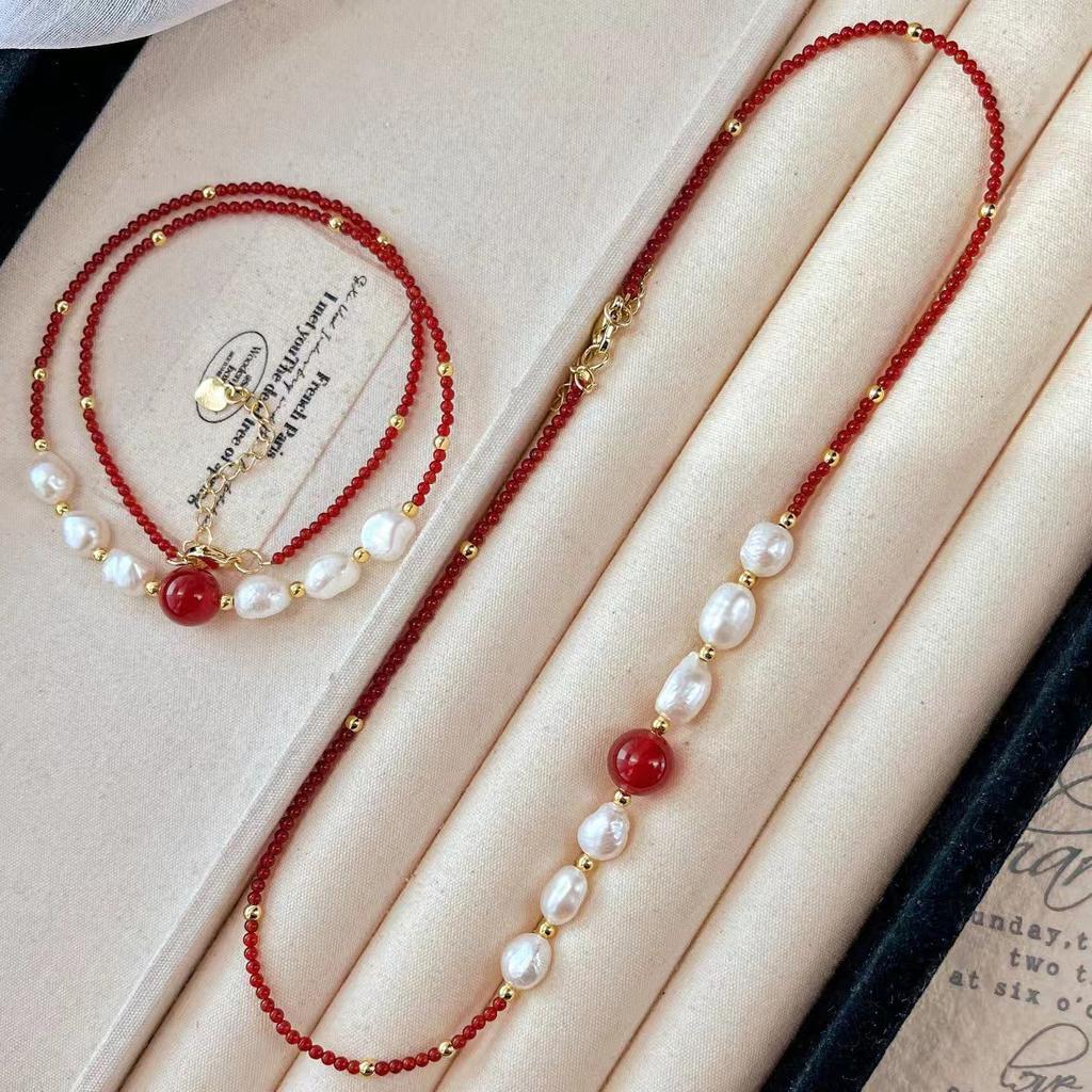 Vintage New Year's Red Pigeon Blood Red Natural Chalcedony Agate Baroque Pearl Necklace Collarbone Chain