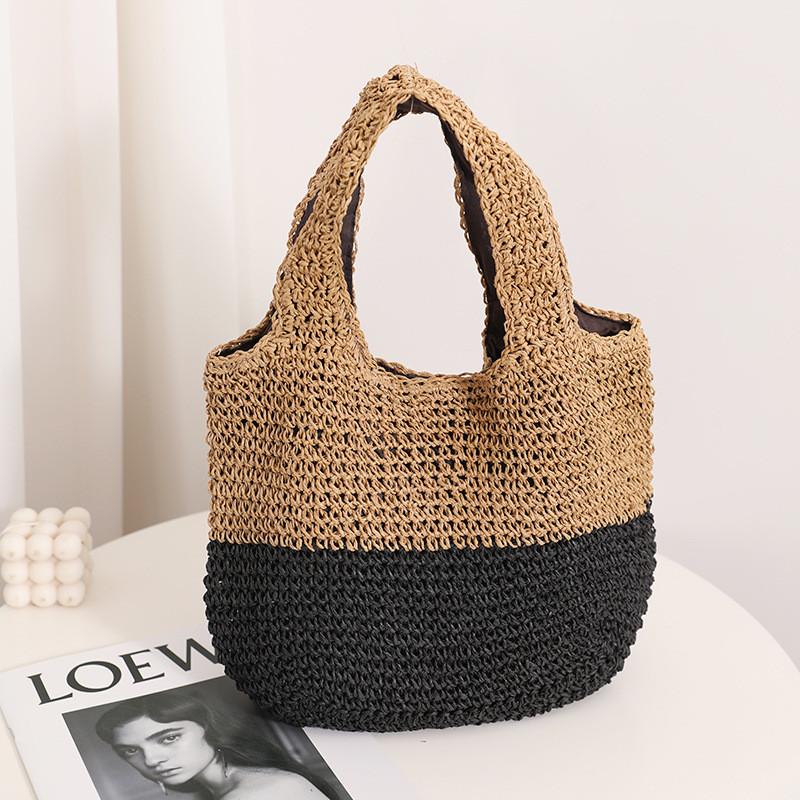 IELGY Color Matching Casual Portable Straw Bag Contrast Color Woven Seaside Vacation Beach Bag