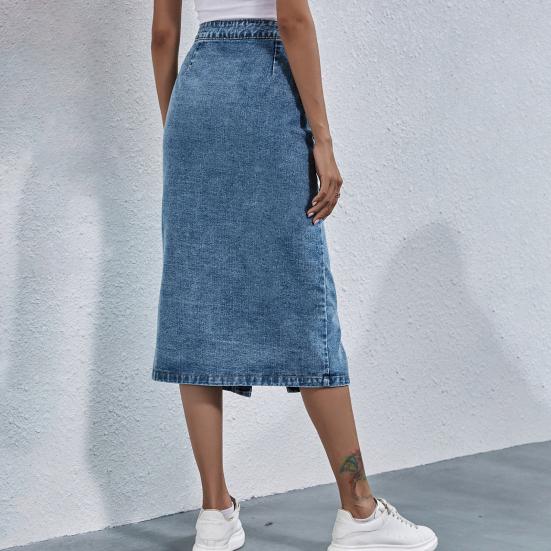 Юбка-карандаш с запахом на бедрах, однобортная, наклонные карманы, разрез спереди, модная высокая