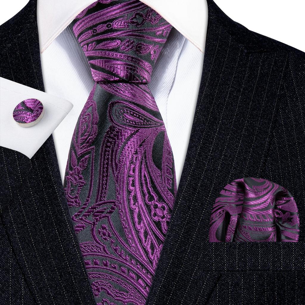 Barry.Wang Mens Ties Fashion Paisley Jacquare Silk Hanky Cufflinks Neckties Set Formal Casual