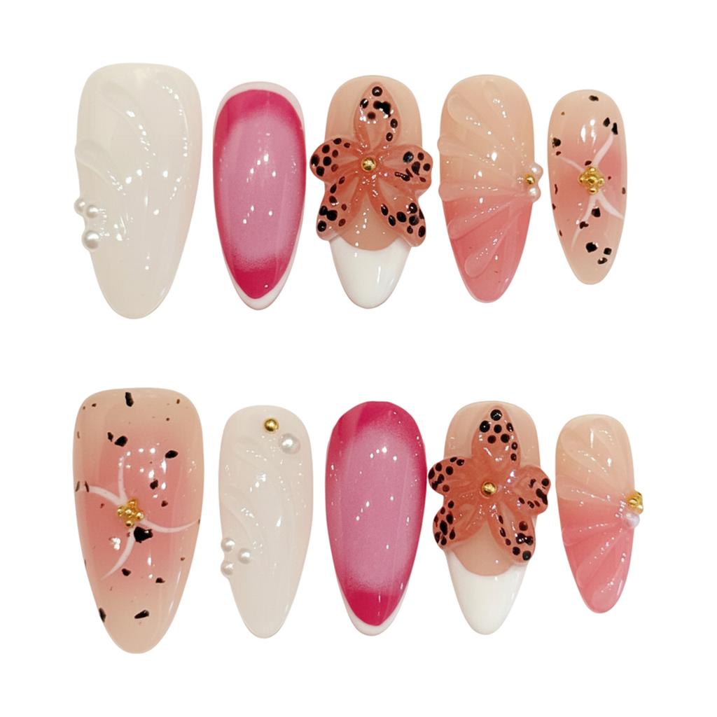 10Pcs Nail Art Tips with 3D Flower Design and Ink Splatter Pattern for Sensitive Skin