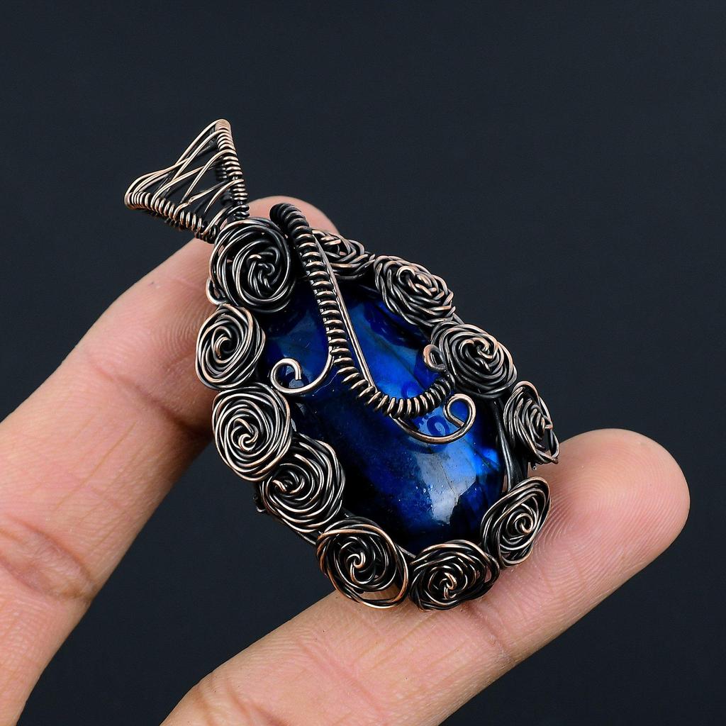 Подвеска ручной работы из лабрадорита с голубым отблеском, украшения из натуральных драгоценных камней, подвеска, обернутая медной проволокой 999 пробы, для подарка