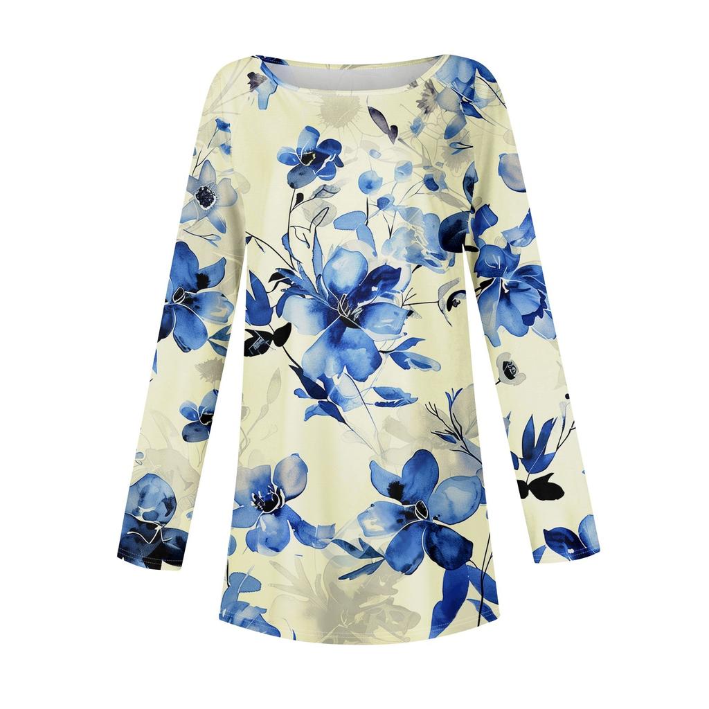 Women's Casual  Plus Size Long Sleeved Round Neck Printed T-shirt Top Pullover