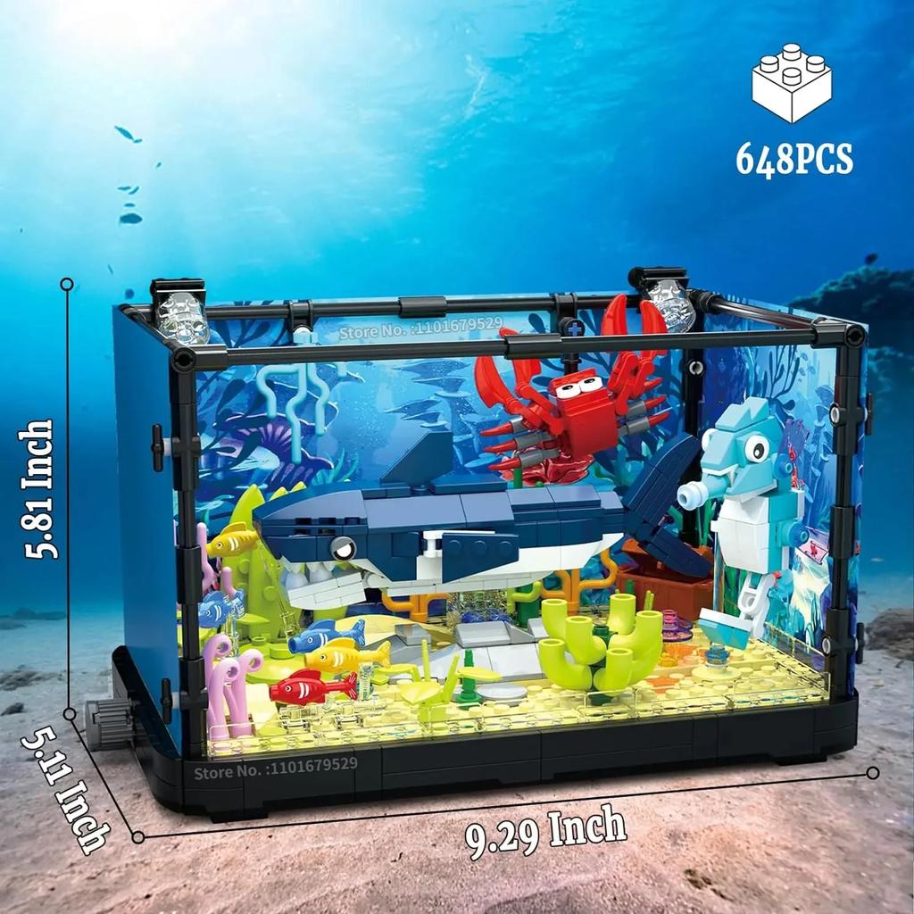 Fish Tank Building Block Lighting Aquarium Compatible Sets for Adults and Kids Ocean Jellyfish Turtle Animal Building Toys