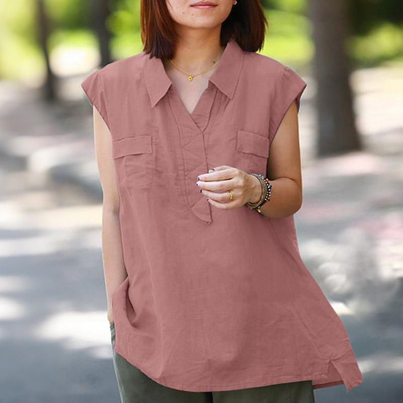 ZANZEA Женская повседневная летняя блузка без рукавов с отложным воротником