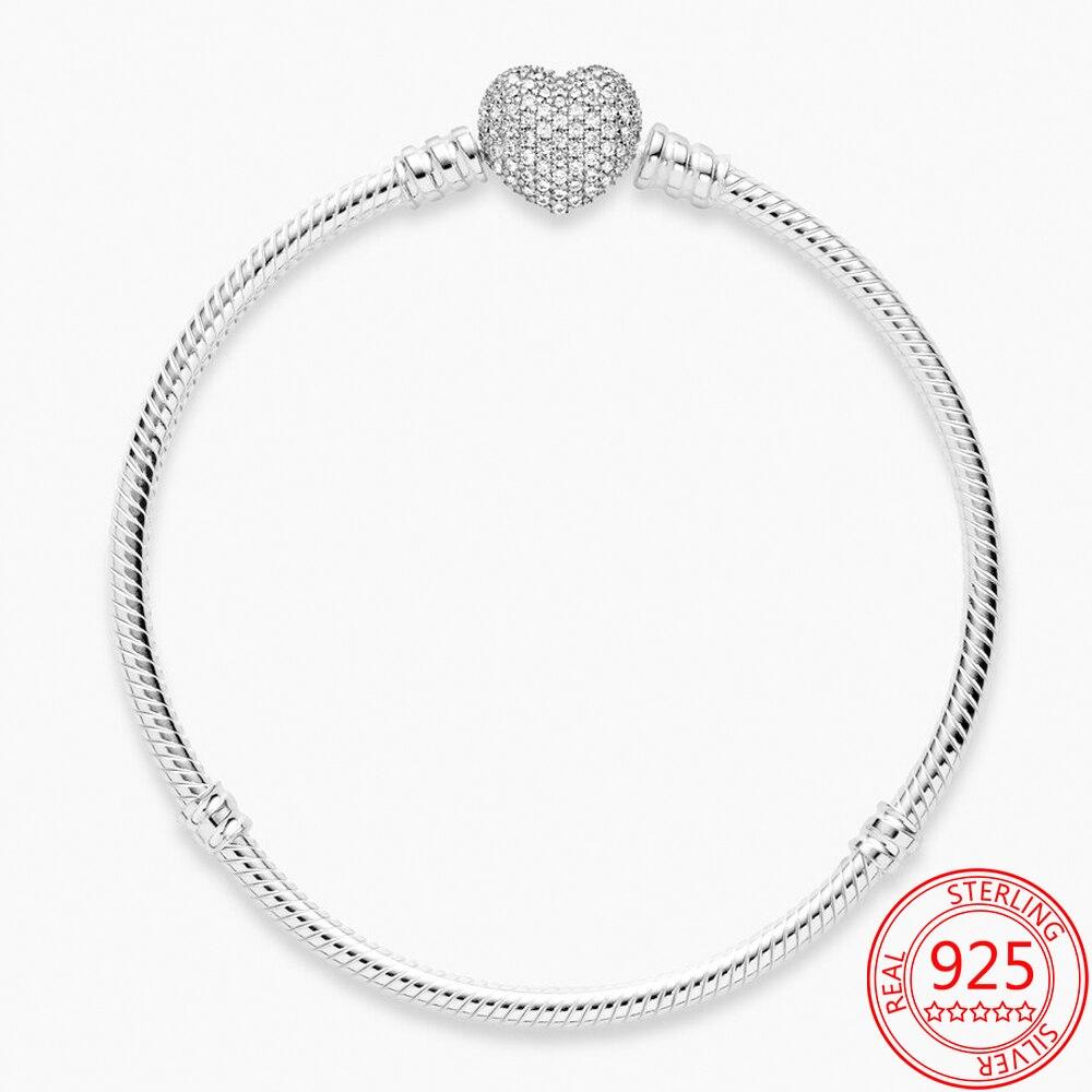 Original Sterling Color Family Moment Romantic Sparkling Heart Shaped Pav Ébuckle Snake Chain Bracelets Diy Classic BraceletClassic Chain