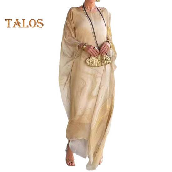 Женское платье макси с струящимся круглым вырезом и нерегулярными рукавами «летучая мышь», двухслойное мраморное платье с принтом, длина до щиколотки, повседневное платье макси