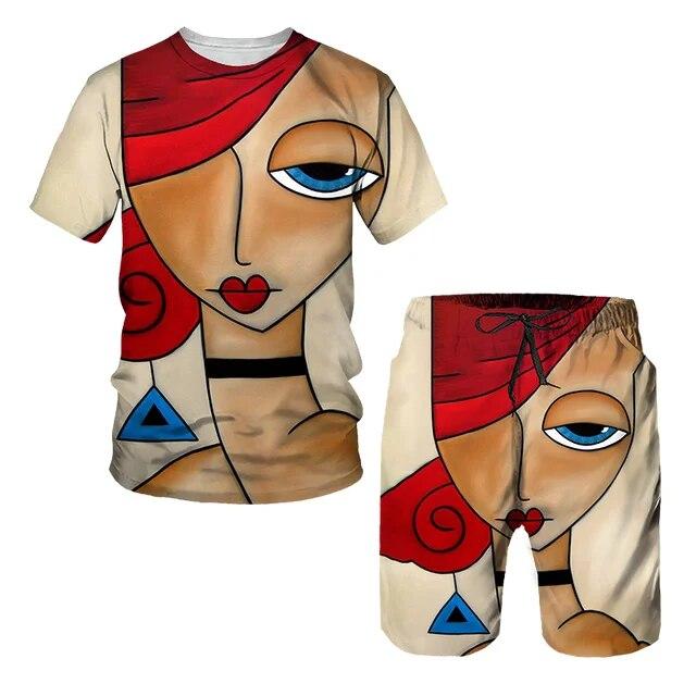 Мужской спортивный комплект, состоящий из 2 предметов, пляжный повседневный спортивный костюм с короткими рукавами и принтом, футболки с абстрактным узором, шорты с эластичной резинкой на талии, брюки, комплекты спортивных костюмов