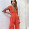 Summer Women Sexy Deep V Backless Jumpsuit Cotton Linen Bandage Wide Leg Playsuit