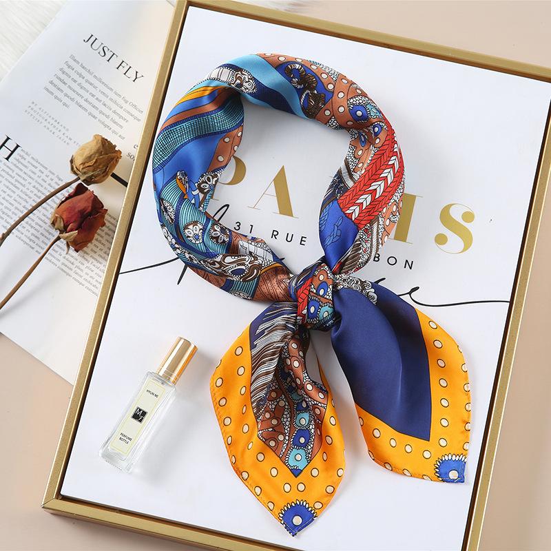 Luxury Spring New Imitated Silk Scarf Women Fashion 70cm Print Square Scarf Soft Satin Headband Shawl Wrap Hijab Foulard Ribbon