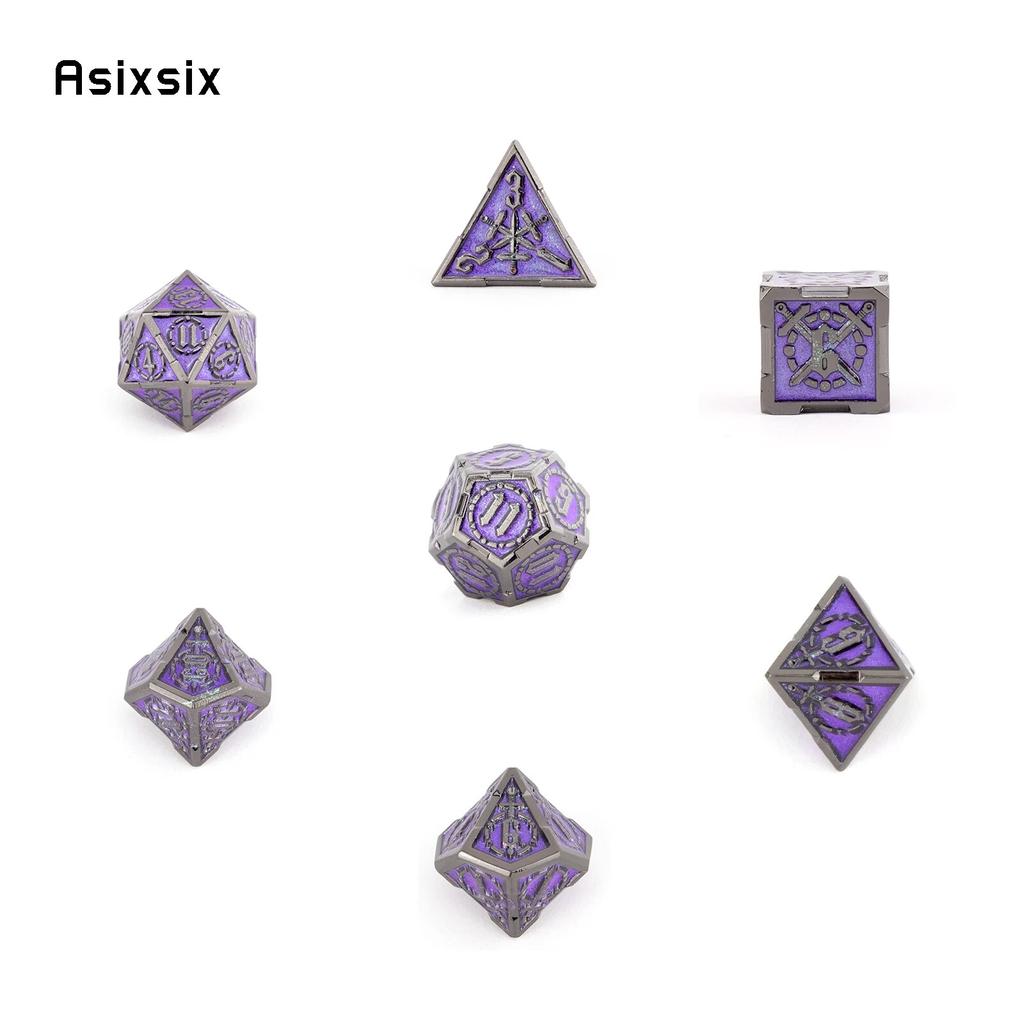 7 Pcs Purple Silver Double Swords Metal Dice Solid Polyhedral Dice Set Suitable for Role-Playing RPG Board Game