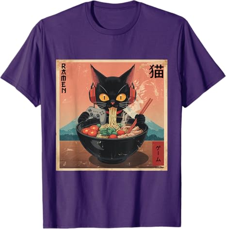 Cute Kawaii Gamer Cat Funny RaUnisex Retro Japanese Cat Gaming TShirt Y2k Kitty Controller Cartoon Graphic Tees Kitten Eat Noodles