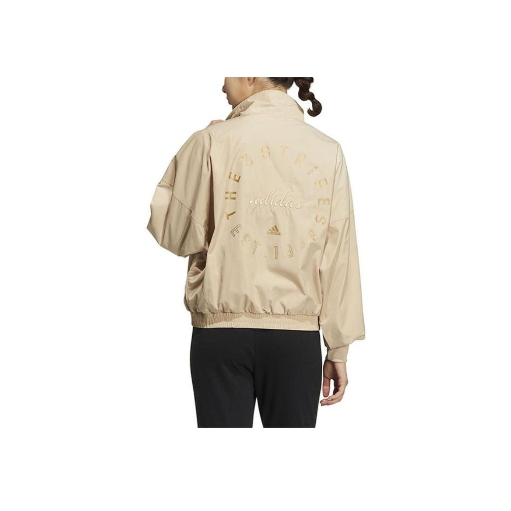 Adidas Back Letter Print Zip-Up Stand Collar Jacket Women Outerwear Khaki HZ7038