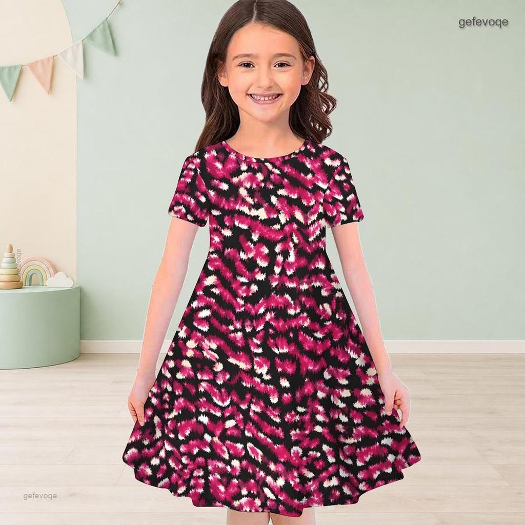 Girls Dark Blue Printed Round Neck Short Sleeve A Line Flared Dress