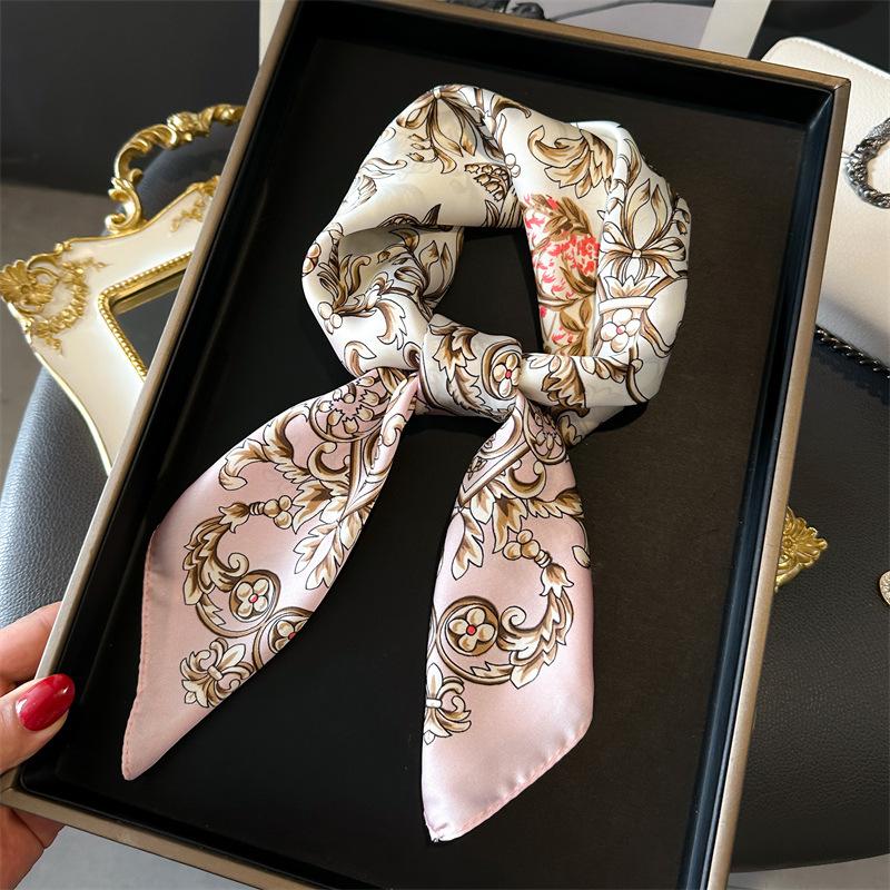 Spring/Summer New70*70cm Square Scarf Breathable Flower Print Neckerchief Women’s Classical Imitation Silk Bandannas