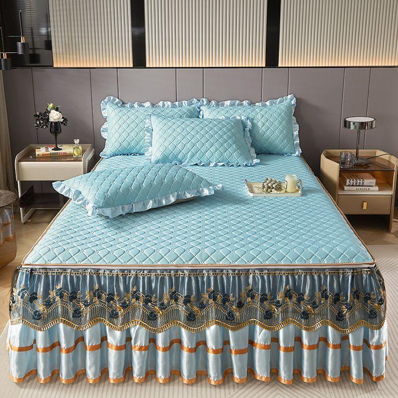 Комплект из 3 предметов для спальни Высококачественная юбка для кровати из хрустального бархата Комплект из трех предметов с толстой кружевной отделкой, стиль корейской принцессы Теплый и нескользящий чехол для матраса