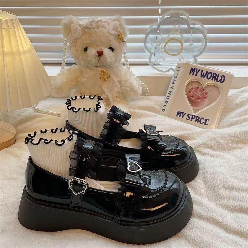 Милые туфли в стиле Лолиты, женские туфли Мэри Джейн на платформе с пряжкой в ​​форме сердца, милые нескользящие туфли JK на толстой подошве