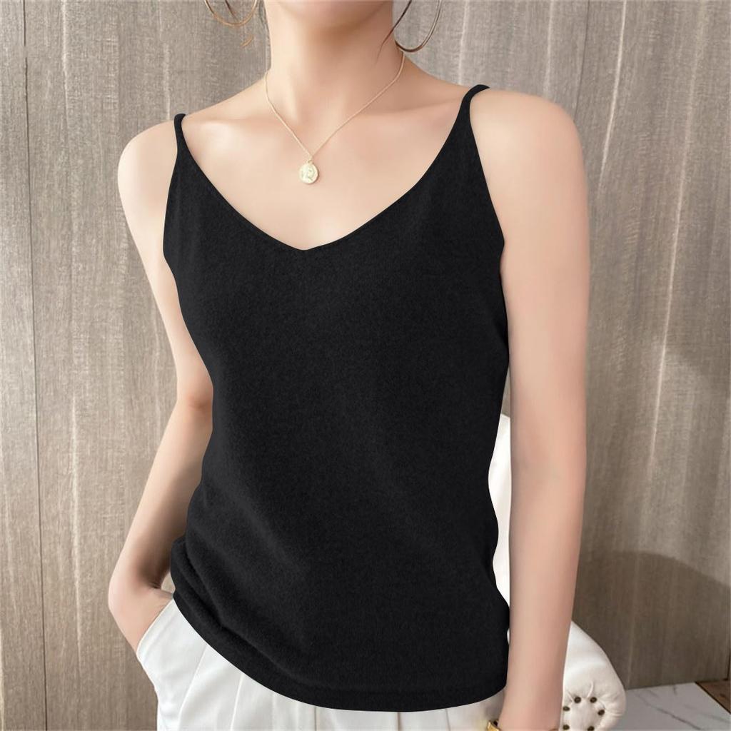 Женские трикотажные топы с V-образным вырезом, повседневные блузки без рукавов, однотонные базовые майки