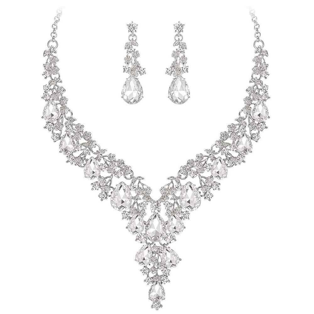 Rhinestone Crystal Necklace Earrings Shining Bridal Jewelry Set  Ball Banquet
