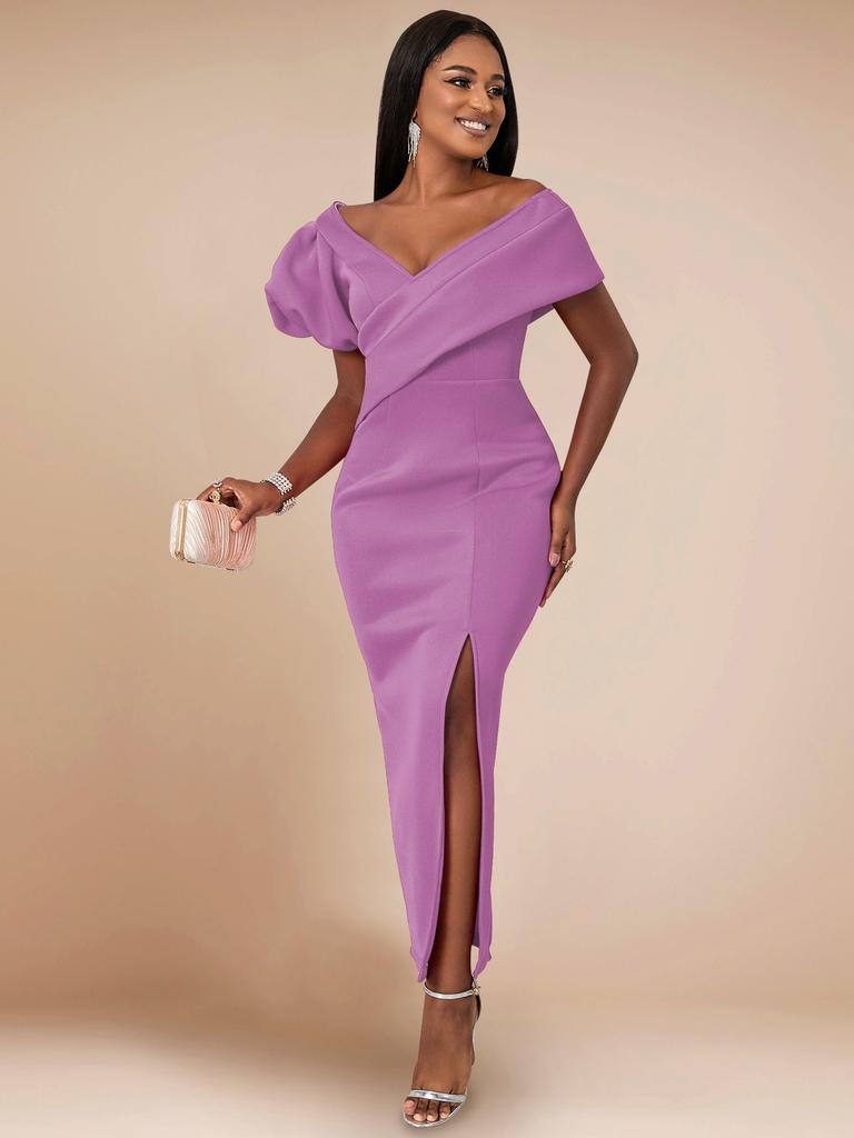 AOMEI Темно-красные вечерние платья, элегантные женские платья с открытыми плечами, V-образным вырезом, рукавами-фонариками, разрезами, нестандартной длины, стильные праздничные наряды