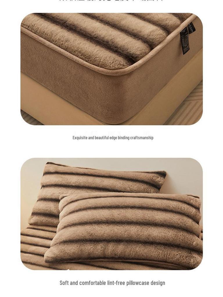 Class A Extra Thick Rabbit Fur Plush Fitted Sheet Set: Milk Velvet Bedspread, Winter Foldable Coral Fleece Mattress Cover