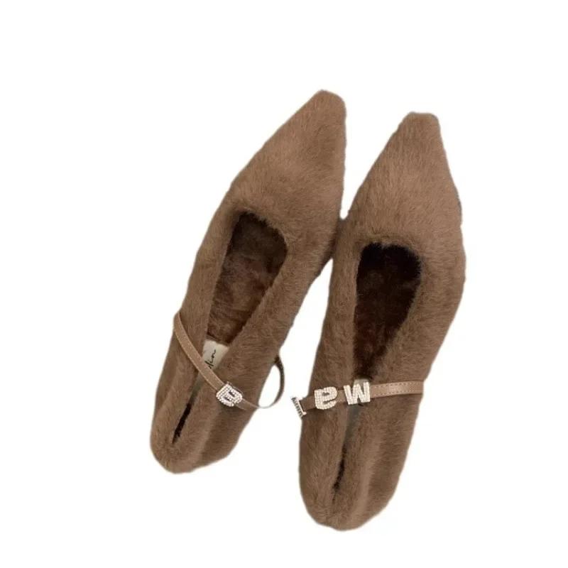 Остроносые плюшевые туфли для женщин для ношения осенью и зимой 2025 года, новая обувь на плоской подошве, одинарная обувь для женщин с плюшем, женские ботинки, zapatos