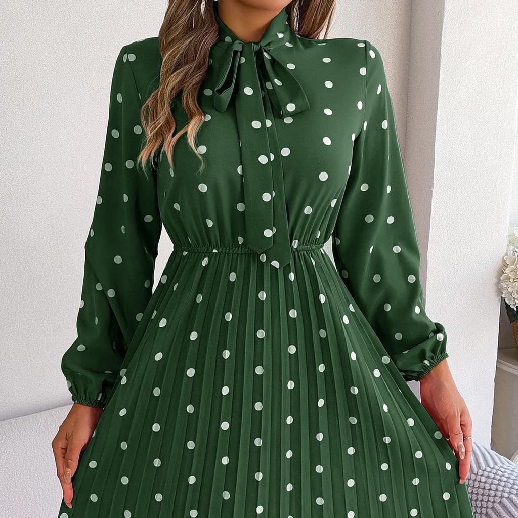 GMXIA Женская мода лето-весна принт в горошек с длинным рукавом и v-образным вырезом тонкие повседневные платья со шнуровкой и складками