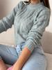 Fashionable warm women' sweater, short crop, turtleneck, braids, navy blue