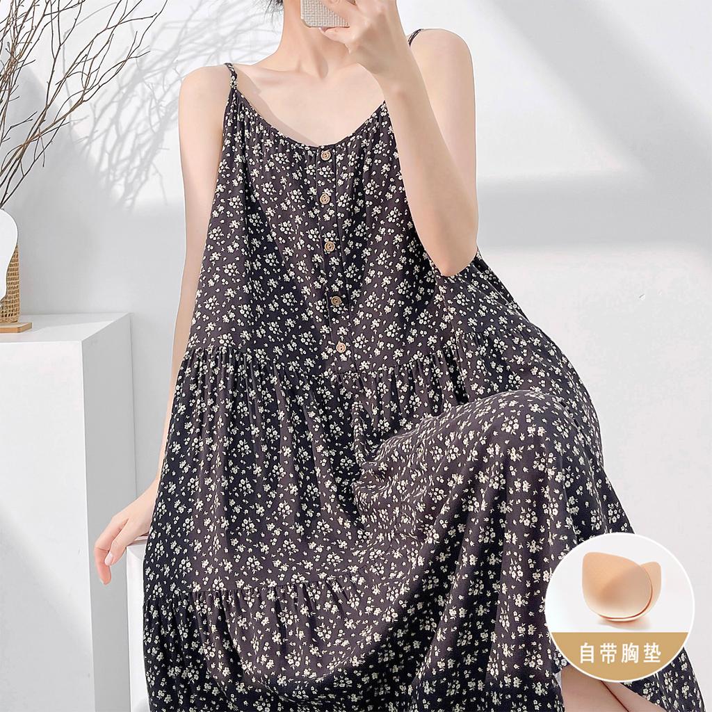 Holiday style with chest pad, plaid suspender, nightdress for women, summer thin anti-bumping, comfortable cotton and silk dress can be worn outside