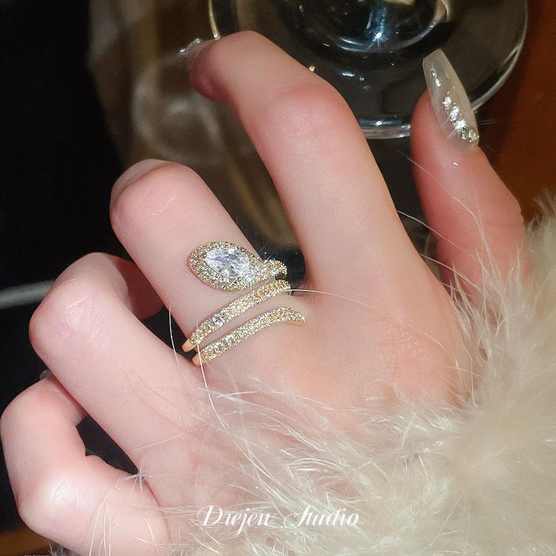 Luxury Zircon Sparkling Diamond Spirit Serpentine Ring Silver Open Ring High Quality Texture Simple and Versatile Trendy Cool Handmade for Women