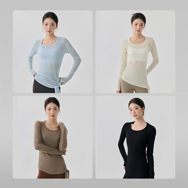 Slim-fitting long-sleeved yoga clothes top women's side split fork breathable thin Pilates thin skin-friendly micro-transparent sports blouse