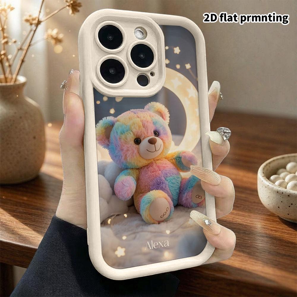 Phone case: 2D flat design suitable for iPhone 18 17 16 15 14 13 Pro step protection case, moon lamp bear, Christmas and Halloween gift