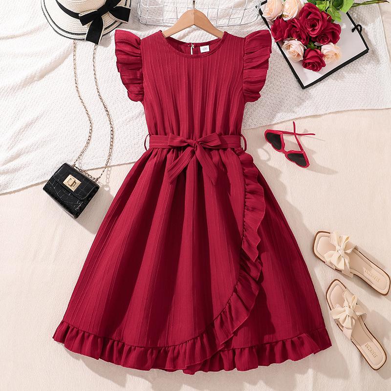 7-12 лет Девочки Платье Летние Новые Платья Модные Рукава-Летки Завязки Текстура Тонкий Темперамент Платье Принцесса Платья