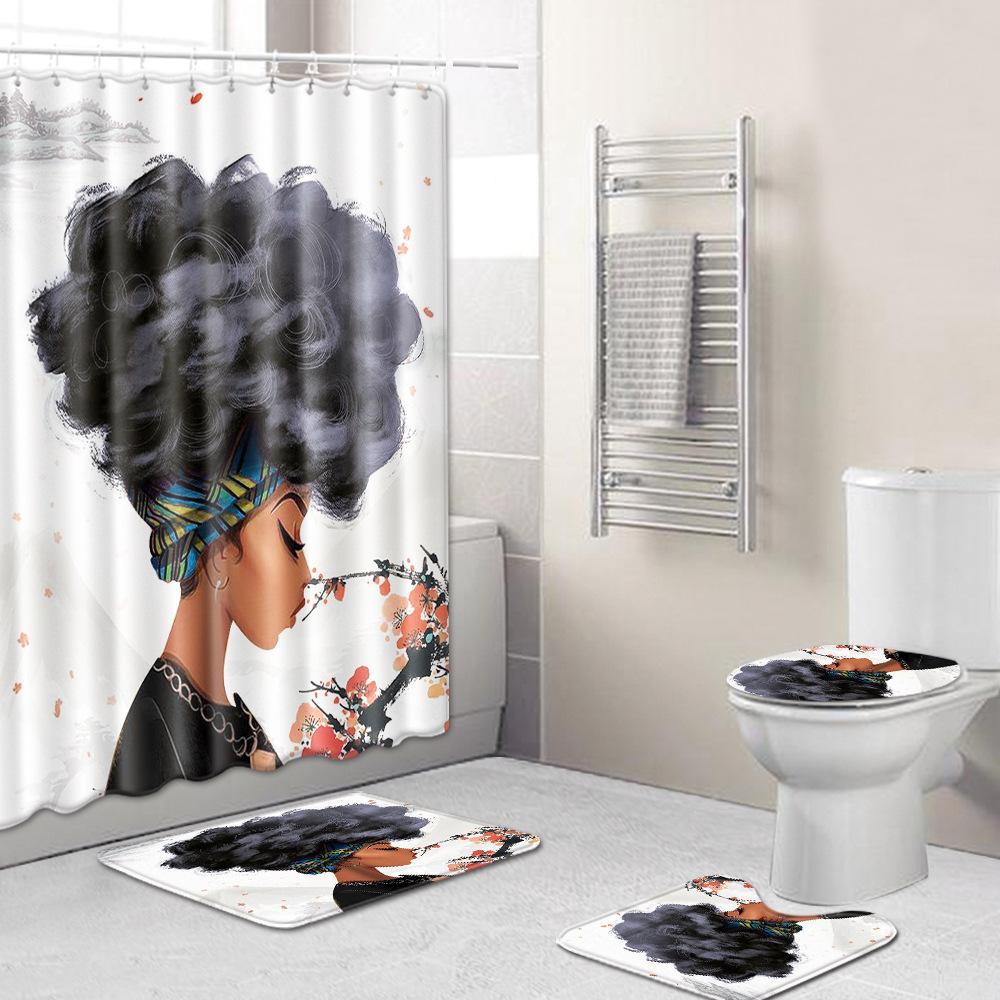 Shower Curtain Floor Mat Set African Woman E-Commerce Bathroom Carpet